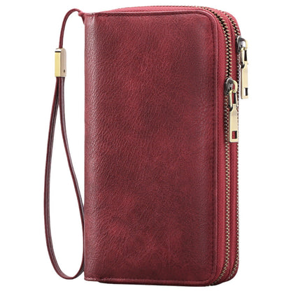 Brown Double Zipper Women's Wallet - Large Capacity Clutch Organizer with Wristlet Strap