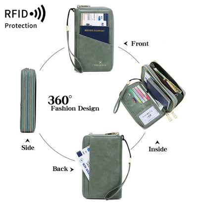 Pink RFID Blocking Passport Wallet - Multi-Function Travel Organizer with Double Zipper and Crossbody Strap