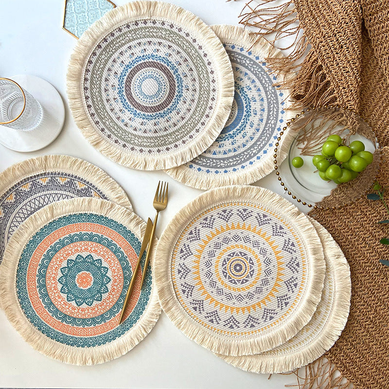 4 Pcs Beige and Orange Boho Chic Woven Cotton Placemat with Tassels - Nordic Bohemian Style(Tableware is a prop for shooting and is not included)