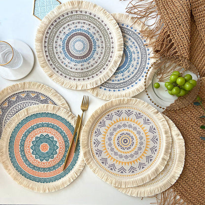 4 Pcs Beige and Orange Boho Chic Woven Cotton Placemat with Tassels - Nordic Bohemian Style(Tableware is a prop for shooting and is not included)