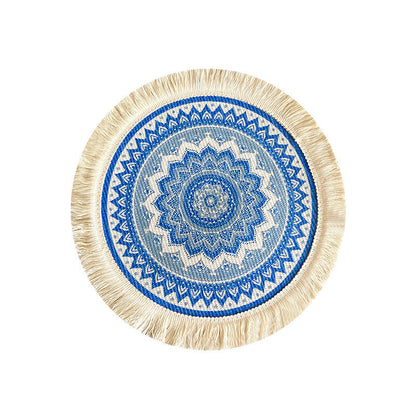 4 Pcs Beige and Orange Boho Chic Woven Cotton Placemat with Tassels - Nordic Bohemian Style(Tableware is a prop for shooting and is not included)