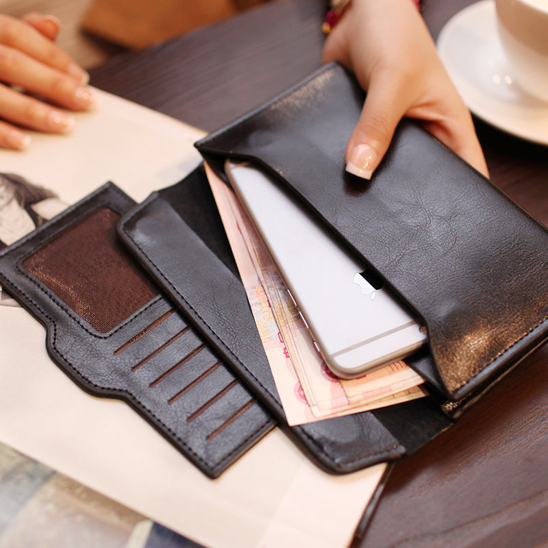 Brown Women's Genuine Leather Long Wallet - Slim Business Clutch with Snap Closure, Multi-Card Holder