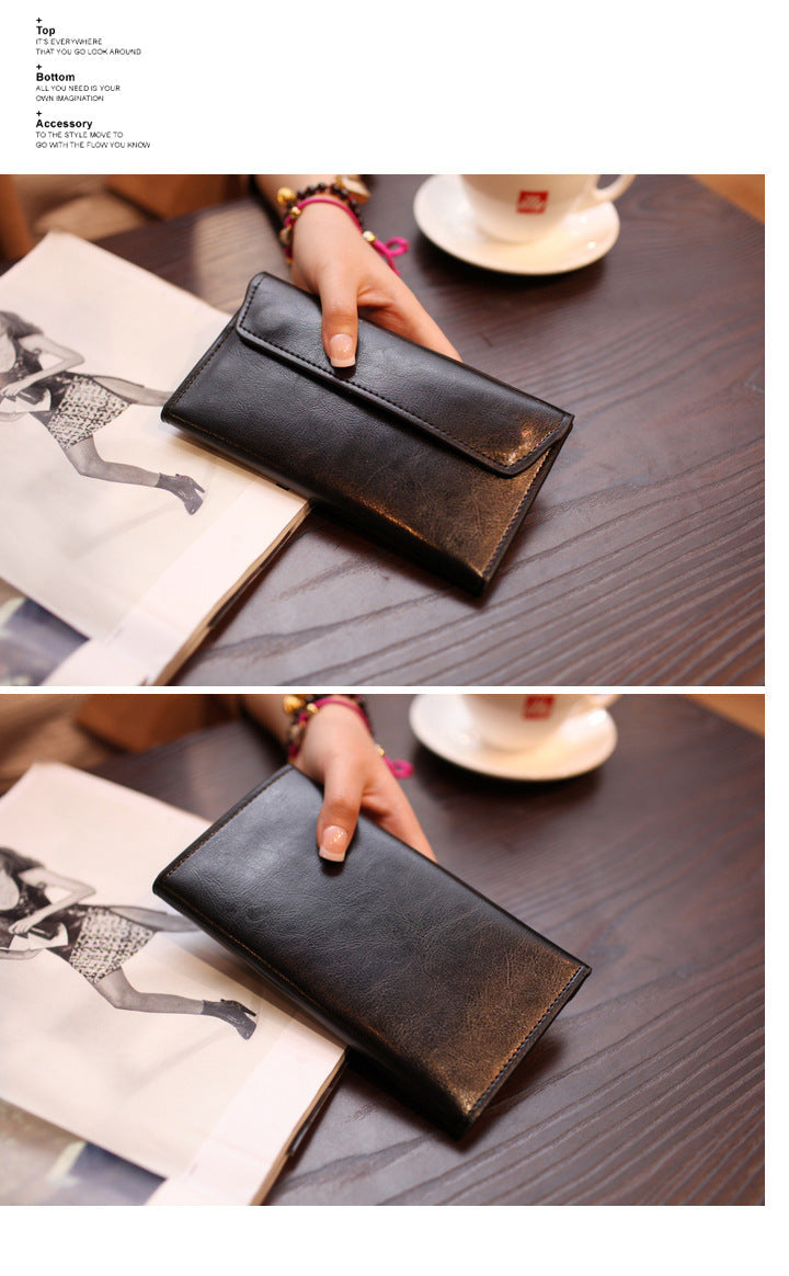 Brown Women's Genuine Leather Long Wallet - Slim Business Clutch with Snap Closure, Multi-Card Holder