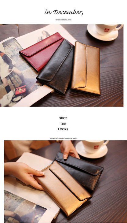 Brown Women's Genuine Leather Long Wallet - Slim Business Clutch with Snap Closure, Multi-Card Holder