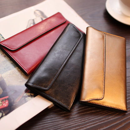 Silver Women's Genuine Leather Long Wallet - Slim Business Clutch with Snap Closure, Multi-Card Holder