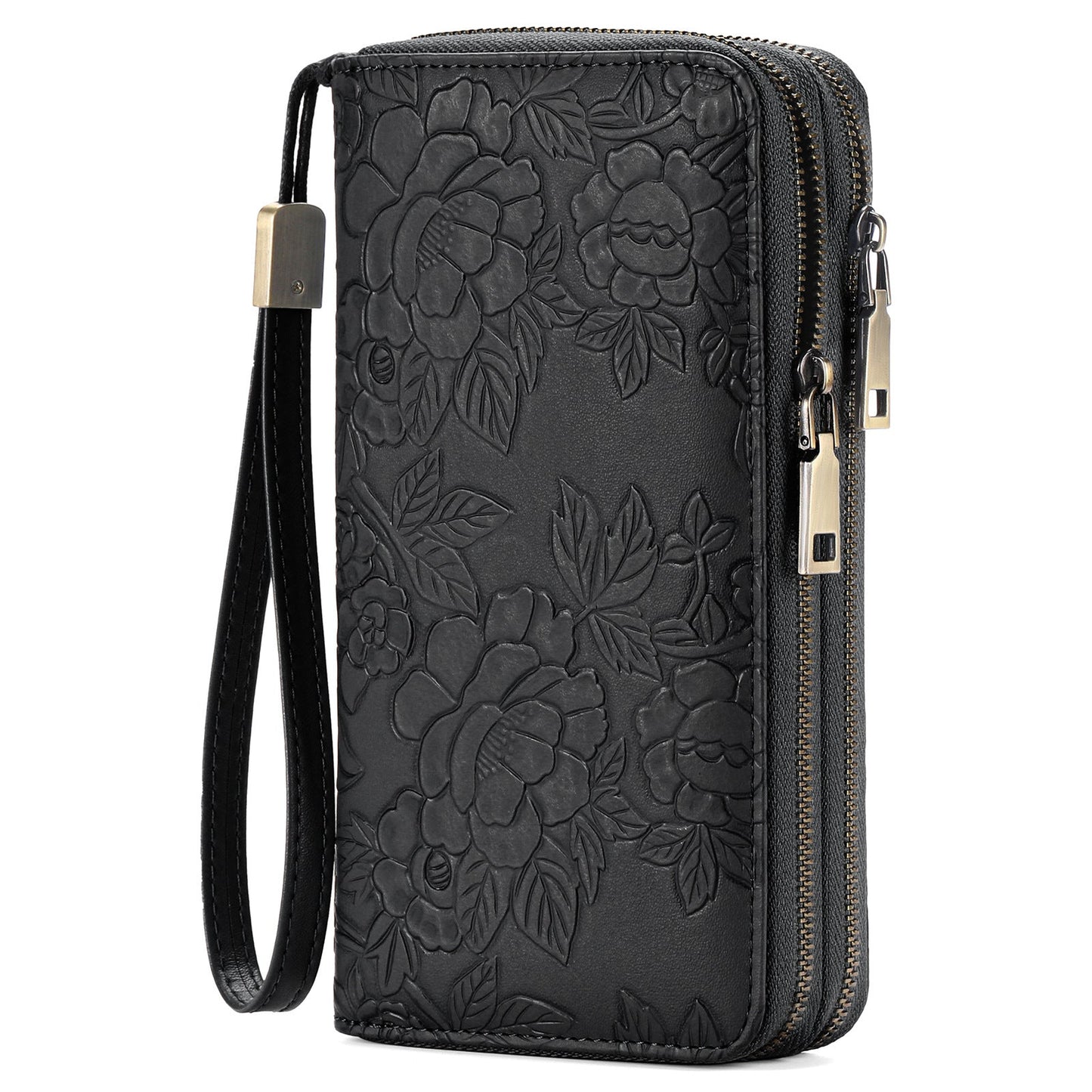 Black Floral Embossed Large Capacity Women's Wallet - Double Zipper PU Leather Clutch with Detachable Wrist Strap