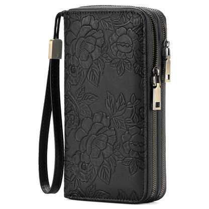 Black Floral Embossed Large Capacity Women's Wallet - Double Zipper PU Leather Clutch with Detachable Wrist Strap