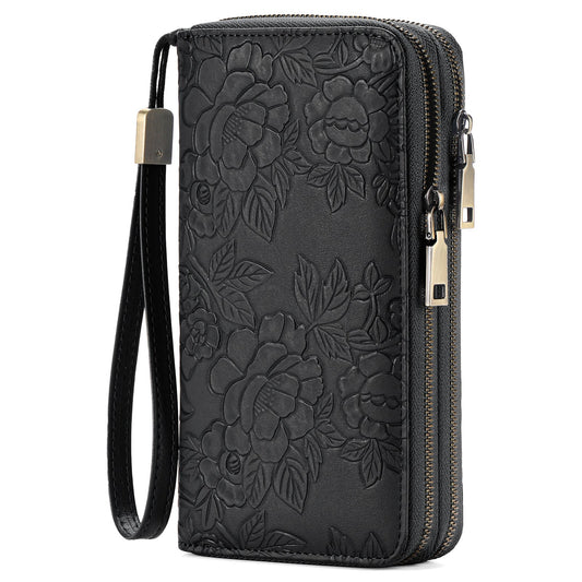 Black Floral Embossed Large Capacity Women's Wallet - Double Zipper PU Leather Clutch with Detachable Wrist Strap