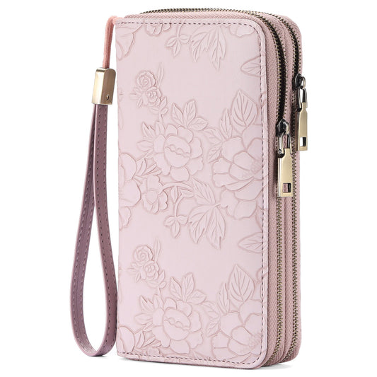 Pink Floral Embossed Large Capacity Women's Wallet - Double Zipper PU Leather Clutch with Detachable Wrist Strap