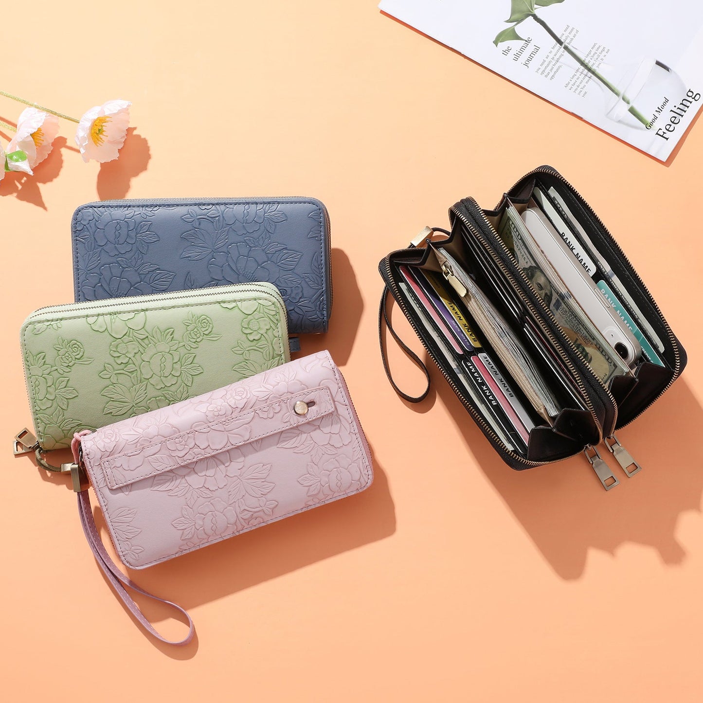 Pink Floral Embossed Large Capacity Women's Wallet - Double Zipper PU Leather Clutch with Detachable Wrist Strap