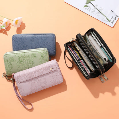 Pink Floral Embossed Large Capacity Women's Wallet - Double Zipper PU Leather Clutch with Detachable Wrist Strap