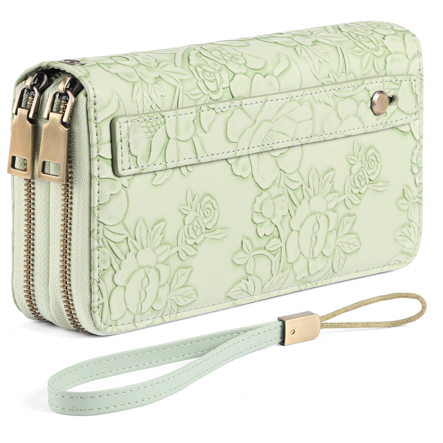 Blue Floral Embossed Large Capacity Women's Wallet - Double Zipper PU Leather Clutch with Detachable Wrist Strap