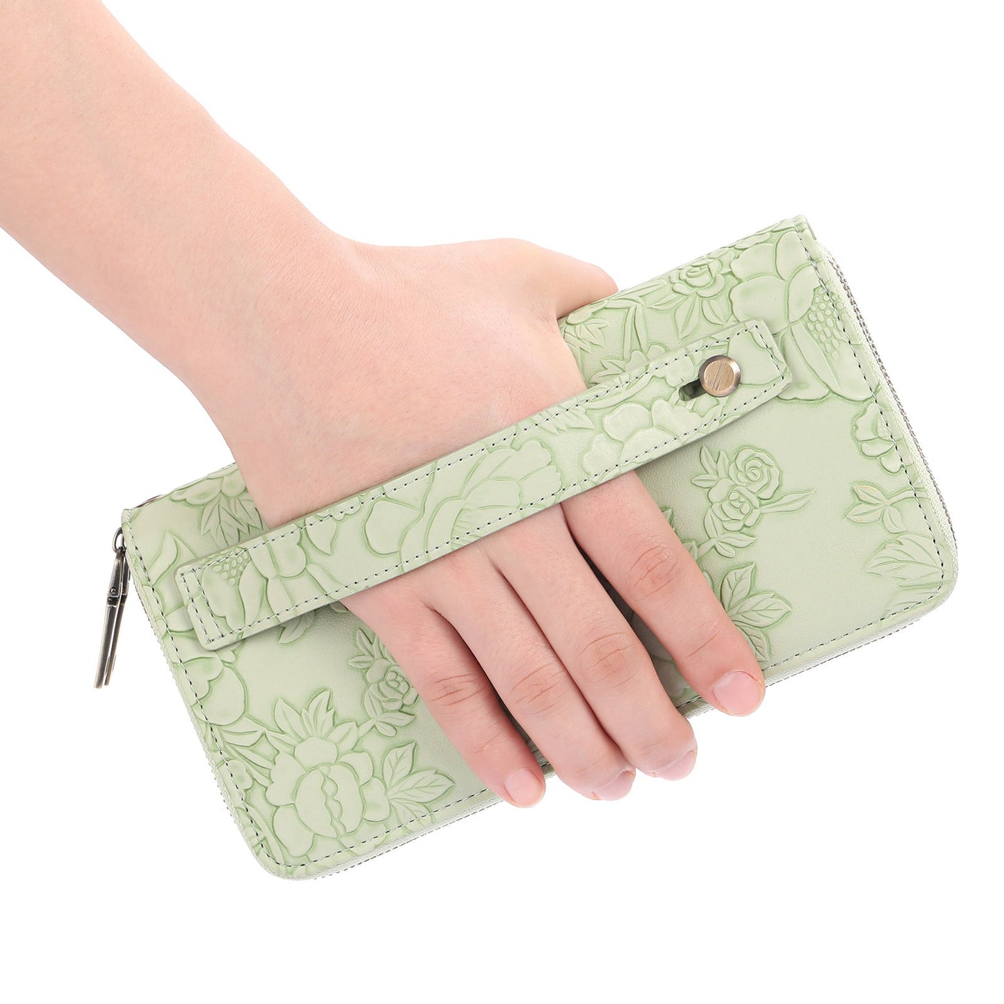 Blue Floral Embossed Large Capacity Women's Wallet - Double Zipper PU Leather Clutch with Detachable Wrist Strap