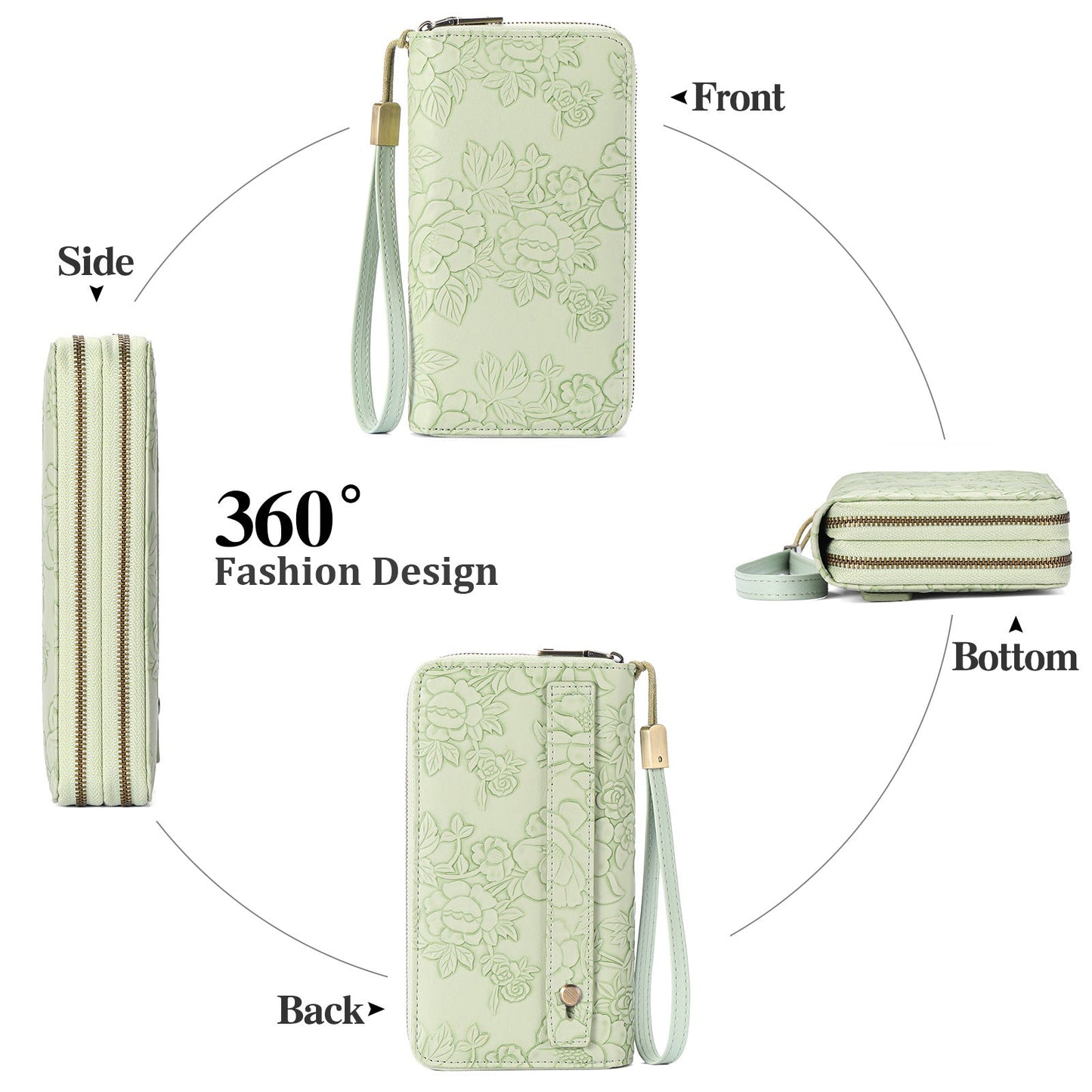 Blue Floral Embossed Large Capacity Women's Wallet - Double Zipper PU Leather Clutch with Detachable Wrist Strap