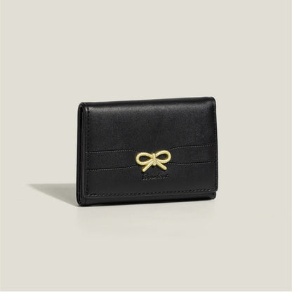 Black Compact Women's Bow-Accent Wallet - Fresh Minimalist PU Leather Foldable Card Holder with Multiple Slots