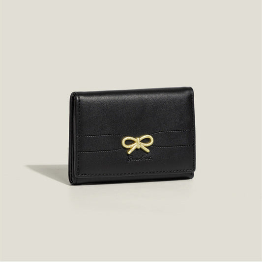 Black Compact Women's Bow-Accent Wallet - Fresh Minimalist PU Leather Foldable Card Holder with Multiple Slots