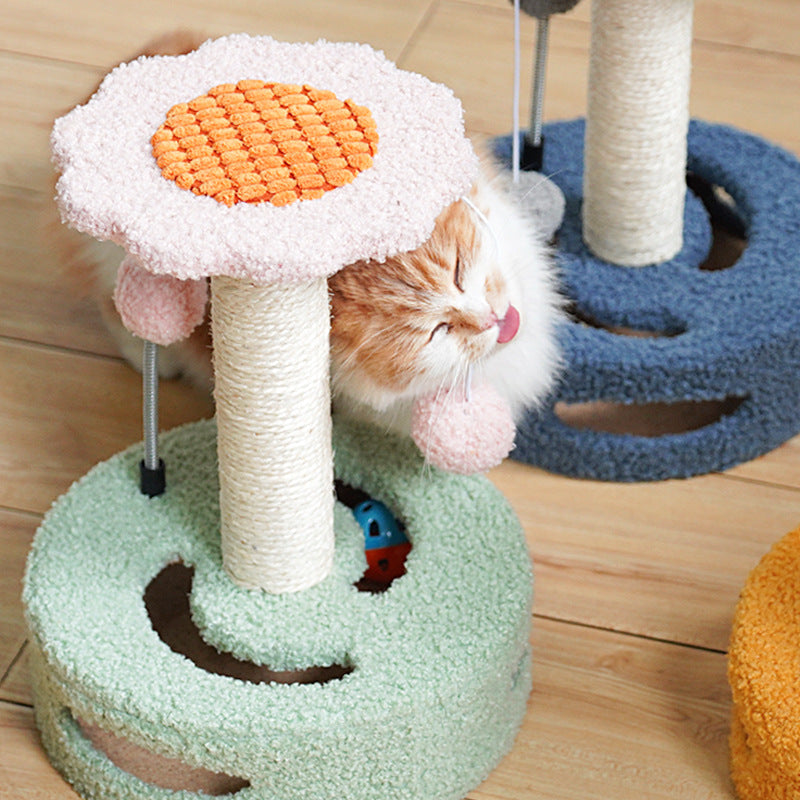 Green And Pink Sunflower Cat Scratching Post - 35cm Sisal Cat Tree with Plush Toys for Small Cats