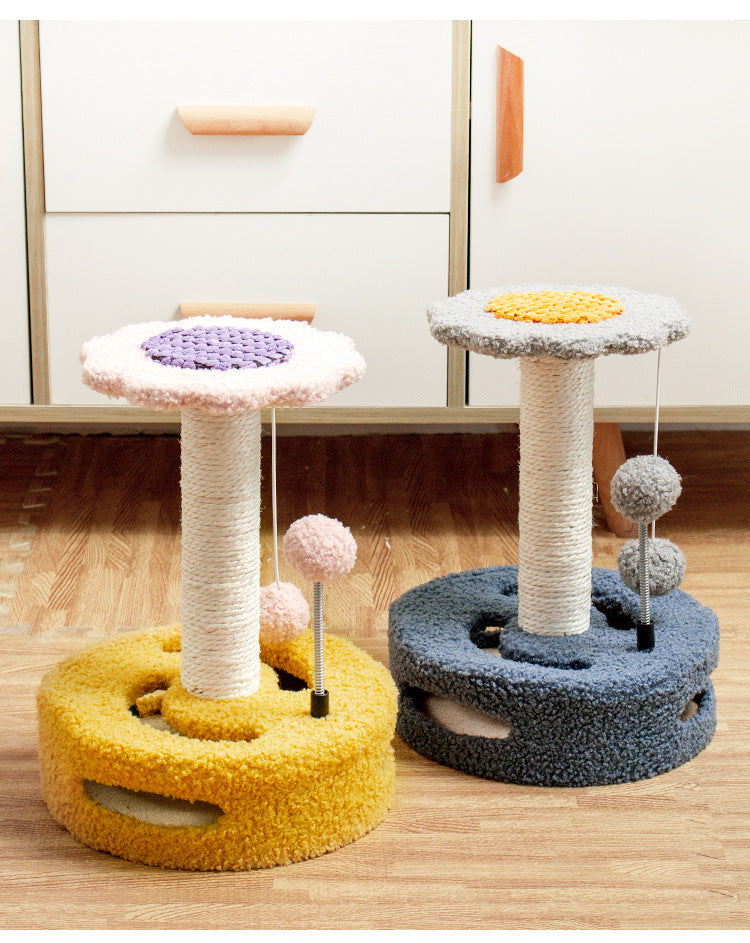 Blue And Pink Sunflower Cat Scratching Post - 35cm Sisal Cat Tree with Plush Toys for Small Cats