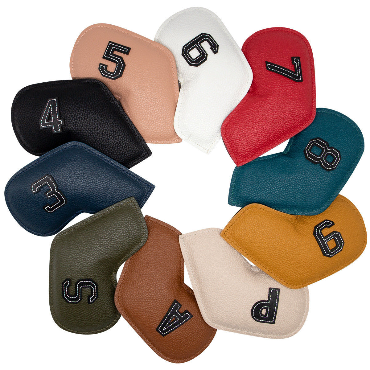 Gray Green Golf Iron Head Covers Set of 10 - Waterproof PU Leather Club Protectors with Embroidered Numbers (3-9, P, A, S)
