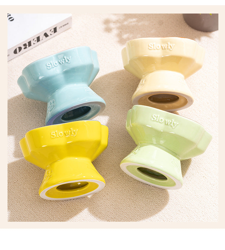 Green and Brown Ceramic Slow Feeder Pet Bowl for Cats and Small Dogs - Anti-Choke Elevated Design with 15-Degree Tilted Rim