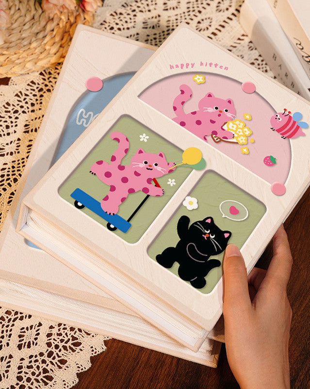 Cover 1 Colorful Cartoon cat pattern 6-Inch 100-Photo Cartoon Cat Album - Large Capacity Family Photo Storage Book with Suede and Crystal Cover