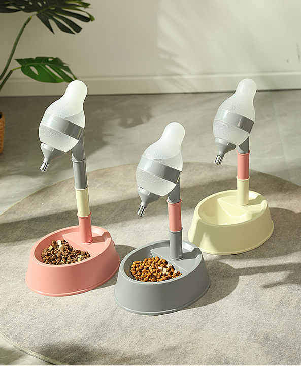 Beige Base Adjustable Height Pet Water Dispenser with Food Bowl Base - Non-Drip Bottle Feeder Station for Dogs & Cats
