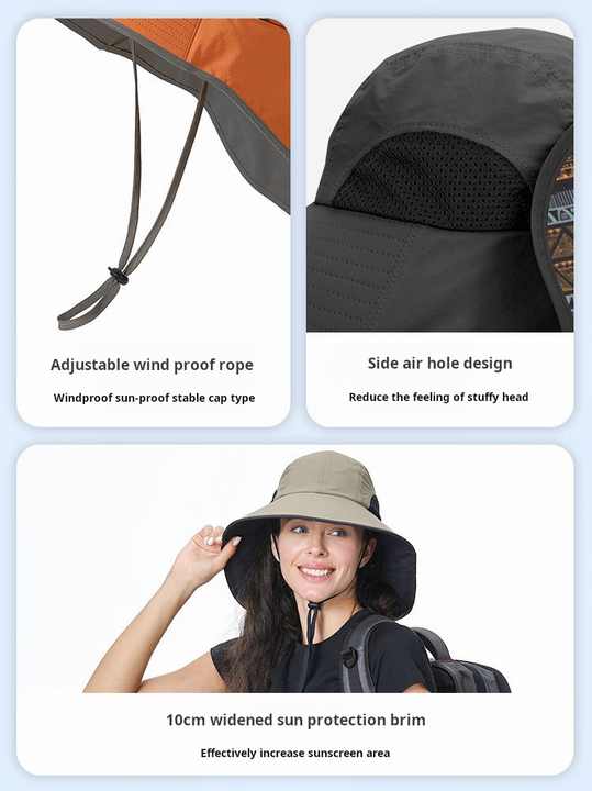 Black Wide Brim Sun Hat with Cape - Foldable UV Protection - 10cm Brim