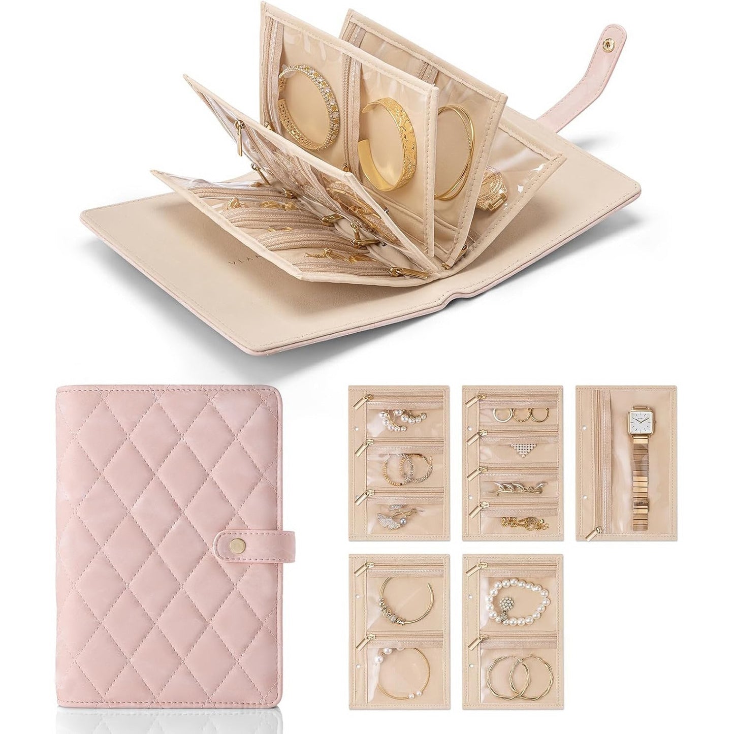 Green Foldable Travel Jewelry Organizer - Velvet Zippered Case with Transparent Pages & Detachable Pouches