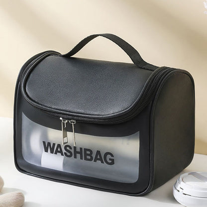 PVC Transparent Cosmetic Bag,Waterproof Portable Travel Organizer with Handle(Black)