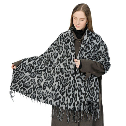 Stylish Animal Print Scarf - Warm Fall/Winter Shawl with Tassels, Imitation Cashmere(Gray)