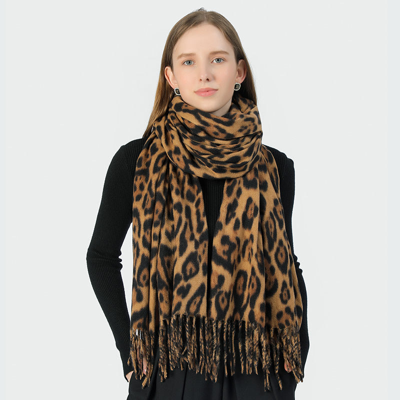 Stylish Animal Print Scarf - Warm Fall/Winter Shawl with Tassels, Imitation Cashmere(Rose pink)