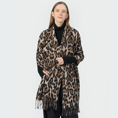 Stylish Animal Print Scarf - Warm Fall/Winter Shawl with Tassels, Imitation Cashmere(Rose pink)
