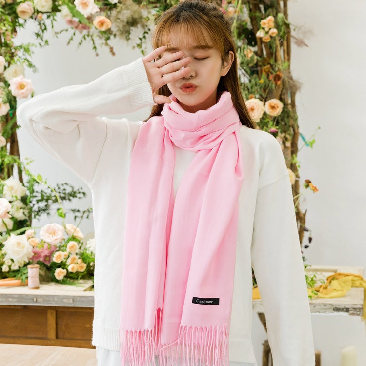 2pc Luxe Soft Imitation Cashmere Scarf - Warm Solid Tone Shawl with Elegant Fringe(Navy blue)