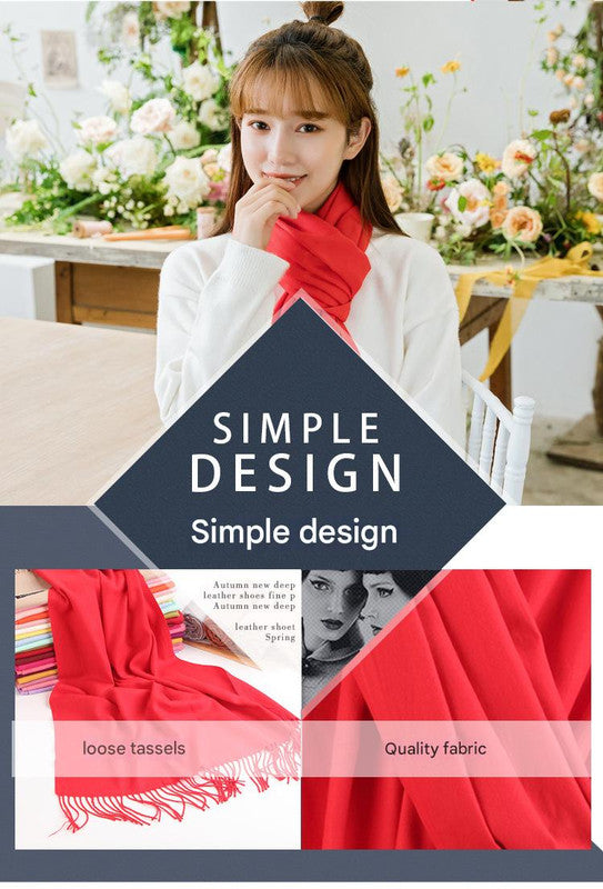 2pc Luxe Soft Imitation Cashmere Scarf - Warm Solid Tone Shawl with Elegant Fringe(Red Bean Paste Powder)