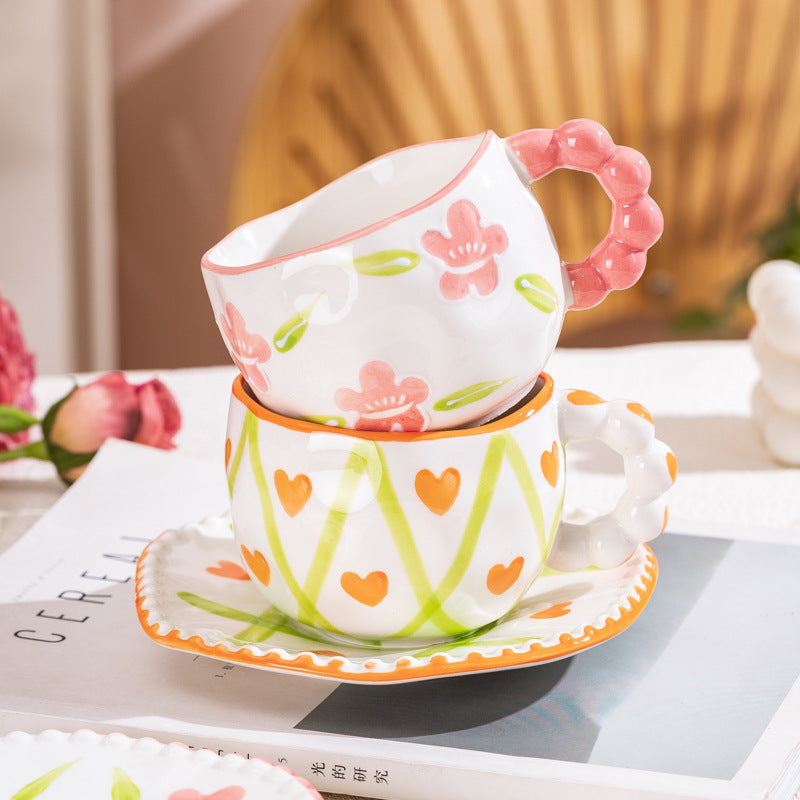 Hand-Painted Ceramic Coffee Mug and Saucer Set - Whimsical Afternoon Tea Cup with Spoon(White cloud-green)