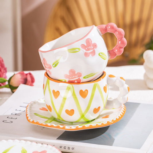 Hand-Painted Ceramic Coffee Mug and Saucer Set - Whimsical Afternoon Tea Cup with Spoon(White cloud-green)
