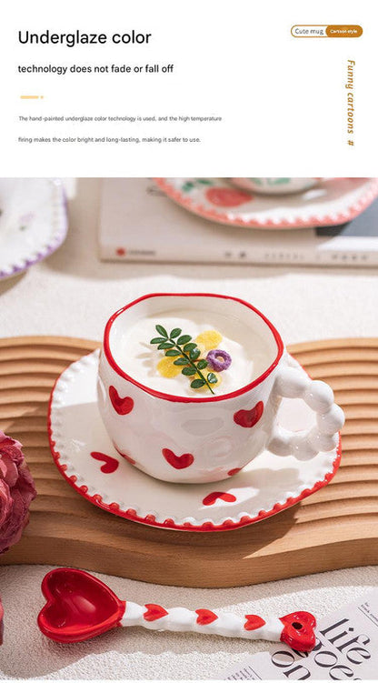 Hand-Painted Ceramic Coffee Mug and Saucer Set - Whimsical Afternoon Tea Cup with Spoon(White cloud-green)
