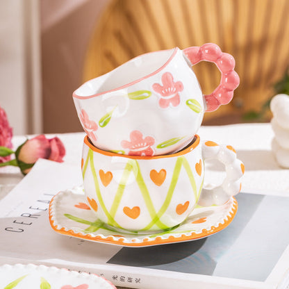 Hand-Painted Ceramic Coffee Mug and Saucer Set - Whimsical Afternoon Tea Cup with Spoon(Red rose)