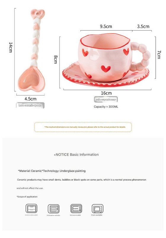 Hand-Painted Ceramic Coffee Mug and Saucer Set - Whimsical Afternoon Tea Cup with Spoon(Red rose)