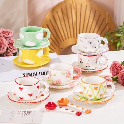 Hand-Painted Ceramic Coffee Mug and Saucer Set - Whimsical Afternoon Tea Cup with Spoon(Pink-edged bow)