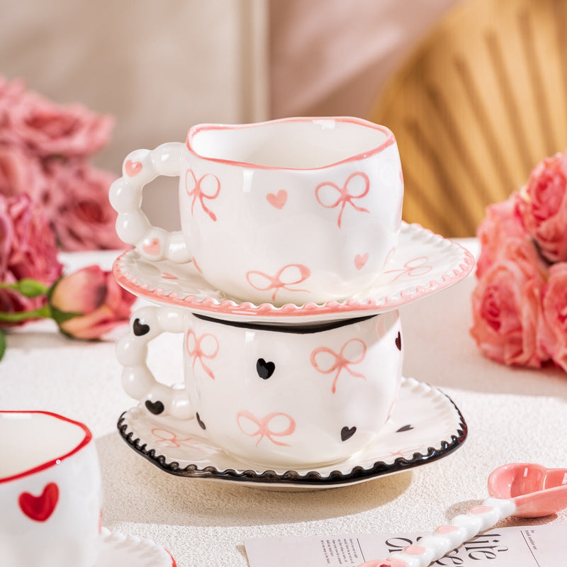 Hand-Painted Ceramic Coffee Mug and Saucer Set - Whimsical Afternoon Tea Cup with Spoon(Pink-edged bow)