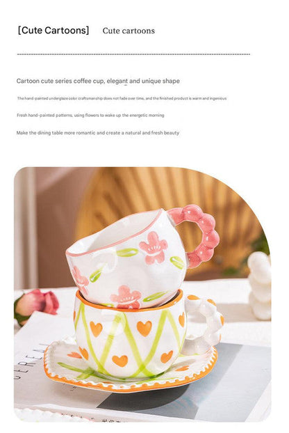 Hand-Painted Ceramic Coffee Mug and Saucer Set - Whimsical Afternoon Tea Cup with Spoon(Black-edged bow)