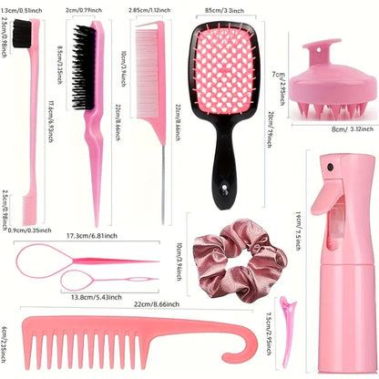 Complete Hair Styling Kit with Detangling Brushes, Combs, Spray Bottle, and Accessories(black)
