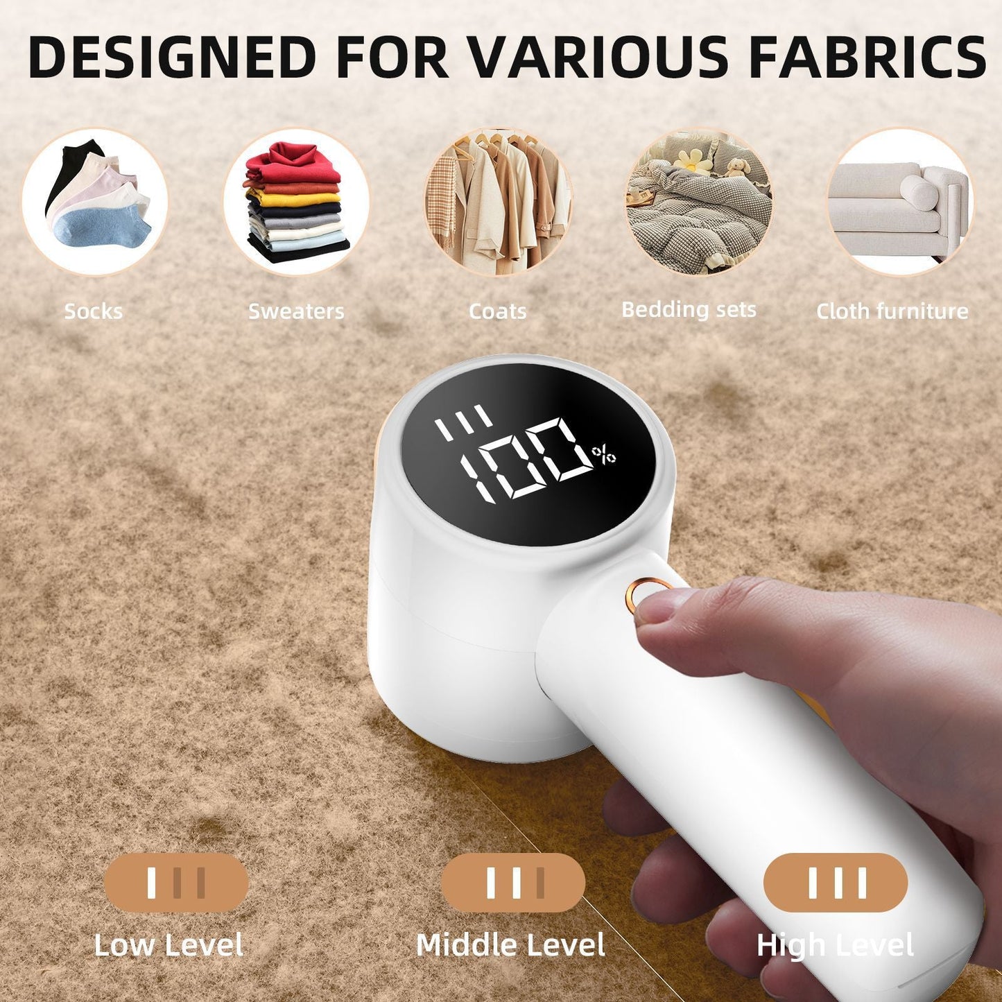 Rechargeable Electric Lint Remover with LED Display - 3 Speed Levels, USB-C Charging, 2600mAh Battery(white)