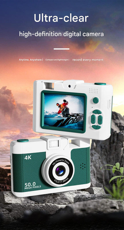Compact 4K Digital Camera - 50MP, 16x Zoom, 2.4-inch IPS Screen, WiFi & Fill Light - Retro CCD Style(White)