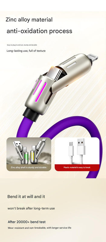 Universal PD Fast Charging Cable with LED Indicator - Zinc Alloy, Durable 1.5m Silicone Cord - Multiple Connector Options(purple)