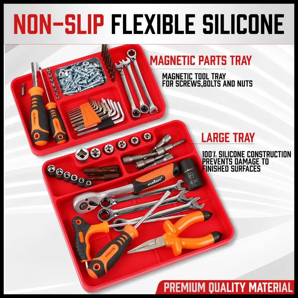 Set of 2 Non-Slip Flexible Silicone Tool Organizer Trays with Magnetic Parts Holder