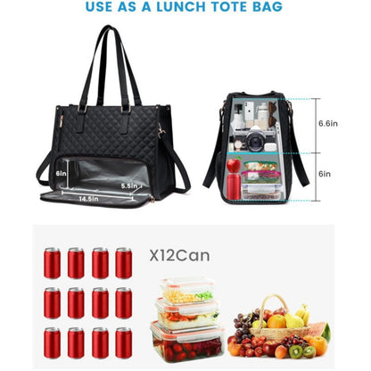 Stylish Quilted Laptop & Lunch Tote Bag , Water-Resistant with Insulated Compartment & Clutch(black)