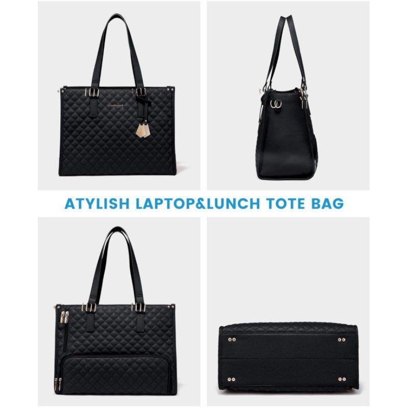 Stylish Quilted Laptop & Lunch Tote Bag , Water-Resistant with Insulated Compartment & Clutch(black)