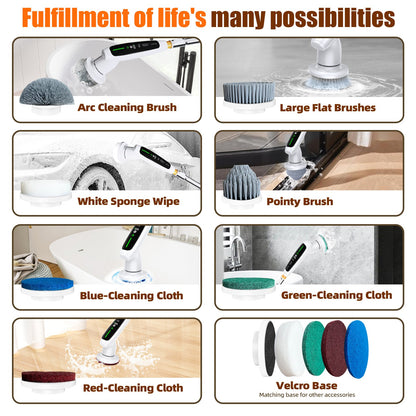 Electric Spin Scrubber with Adjustable Extension Handle & 8 Brush Heads - Smart LED Display